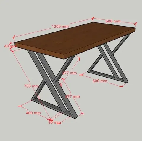 Molde de mesa com pés em X em estrutura metálica, com medidas